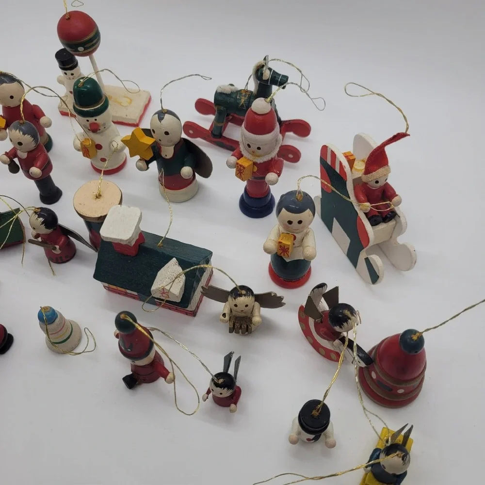 Vintage Not so Mystery Lot of 25 Wooden Christmas Ornaments Folk Art